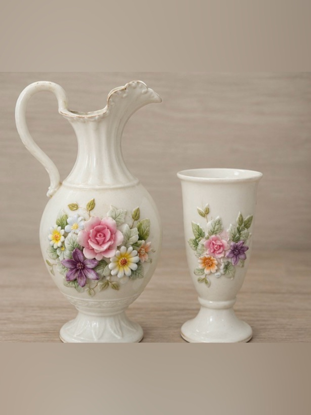 Vintage Lefton China Bud Vase & Mini Pitcher Set / Hand Painted porcelain